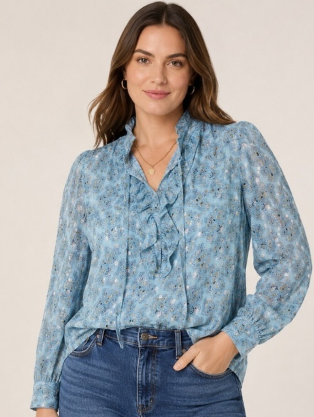 J.Crew Metallic Chiffon Ruffleneck Top in Paisley Bunch Xs.  New Oversized